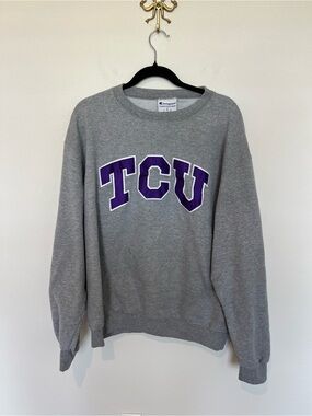 Champion Grey Crewneck Sweatshirt with Purple TCU Applique